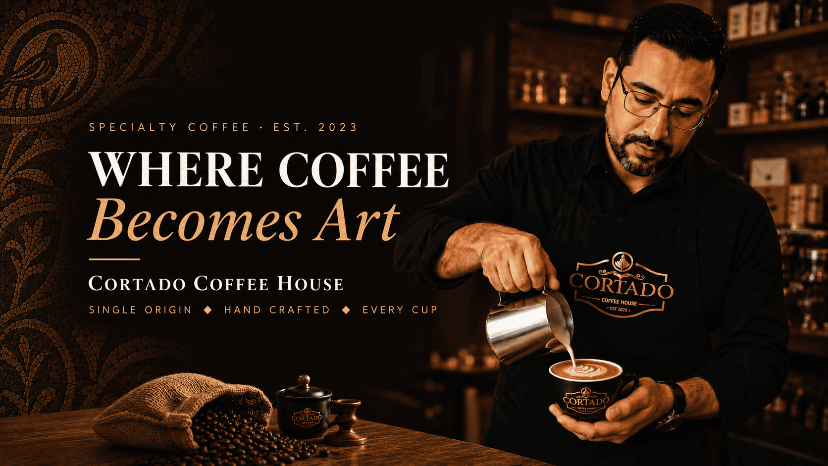 Barista pouring latte art at Cortado Coffee House, specialty coffee in Madaba, Jordan