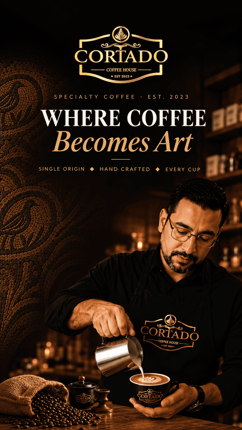 Barista pouring latte art at Cortado Coffee House, specialty coffee in Madaba, Jordan
