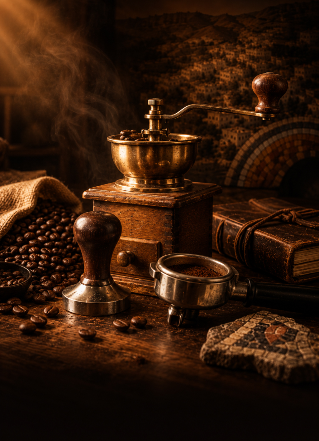 Vintage coffee tools and roasted beans representing 18 years of specialty coffee craft at Cortado Coffee House Madaba